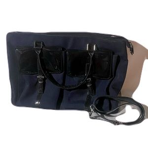 Field Manor Navy Blue Cloth Purse with Patent Leather Detail